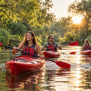 Adventure splav na kajakoch pri západe slnka