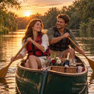 Romantický splav pre dvoch s kyticou a proseccom
